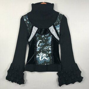 Ozz On Japan Sweater Women’s XS Black Blue Floral Cowl Goth Spider Web Oneste